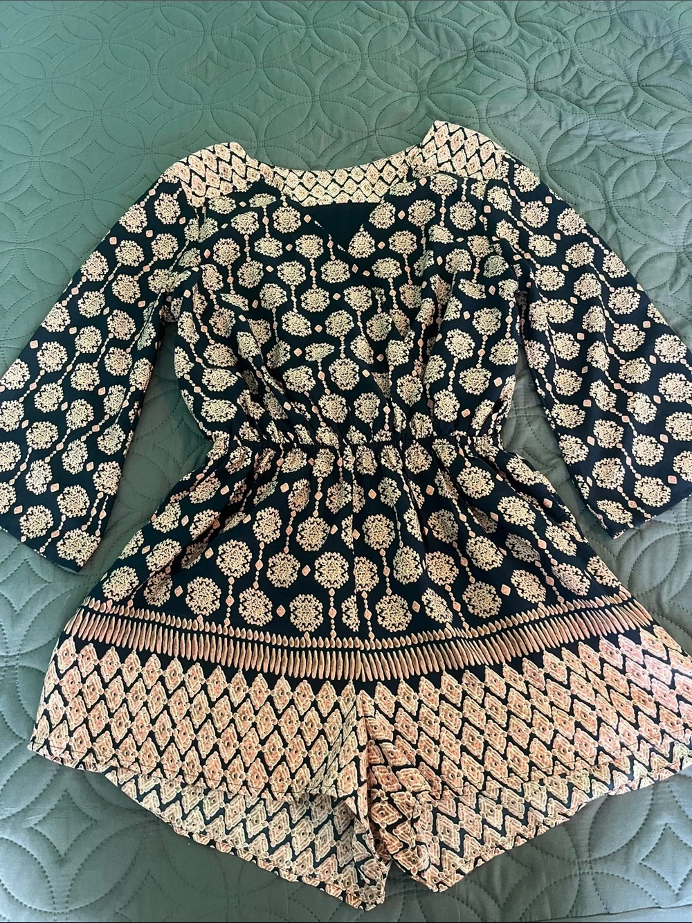 Navy & Cream Printed Wide Sleeved Romper Wrap Look